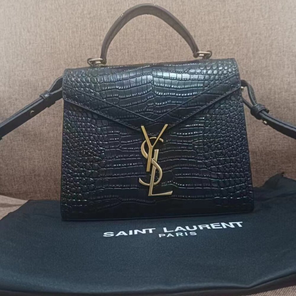Yves YSL Saint Laurent CASSANDRA mini crocodile-embossed glossy leather tote